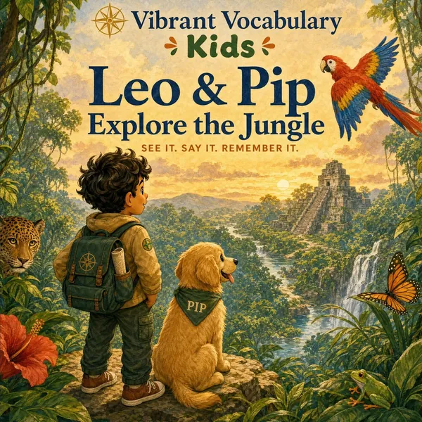 Cover of Leo & Pip Explore the Jungle — Leo and Pip look out over a jungle river toward a stone pyramid at sunrise.
