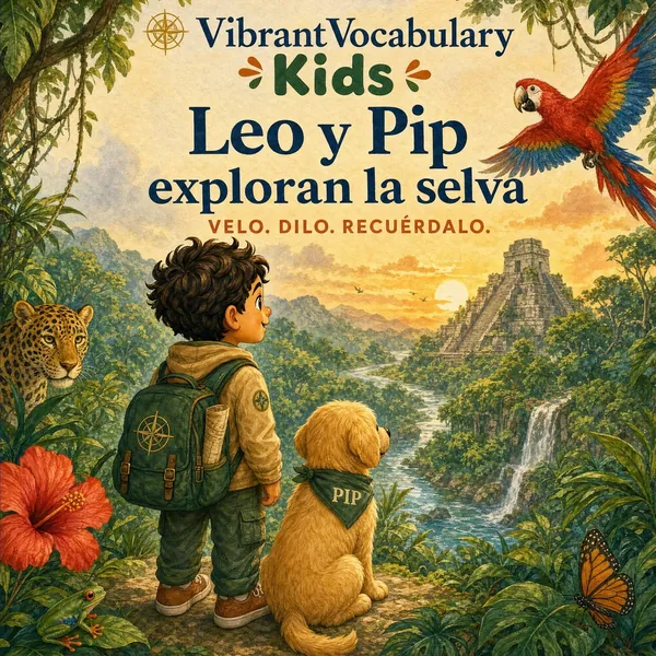 Portada de Leo y Pip exploran la selva — Leo y Pip contemplan un río de la selva y una pirámide de piedra al amanecer.