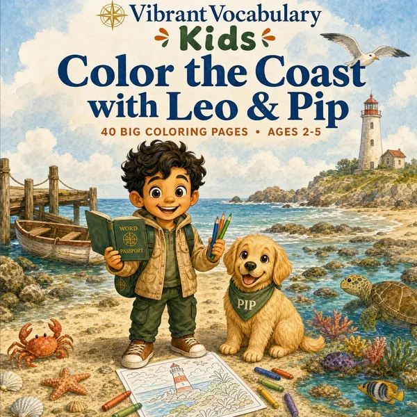 Cover of Color the Coast with Leo & Pip — Leo and Pip beside a lighthouse and a gull on the shore.