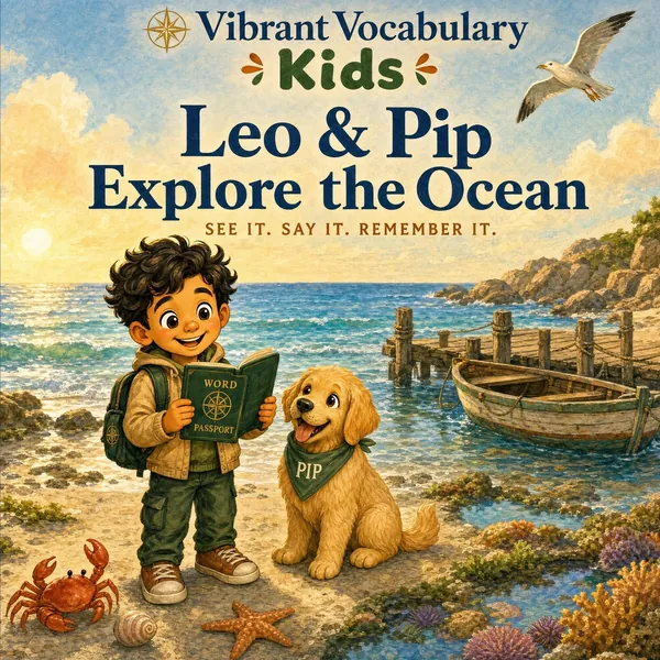 Cover of Leo & Pip Explore the Ocean — Leo holds his Word Passport open beside Pip on a rocky shore, a pier and rowboat behind them.