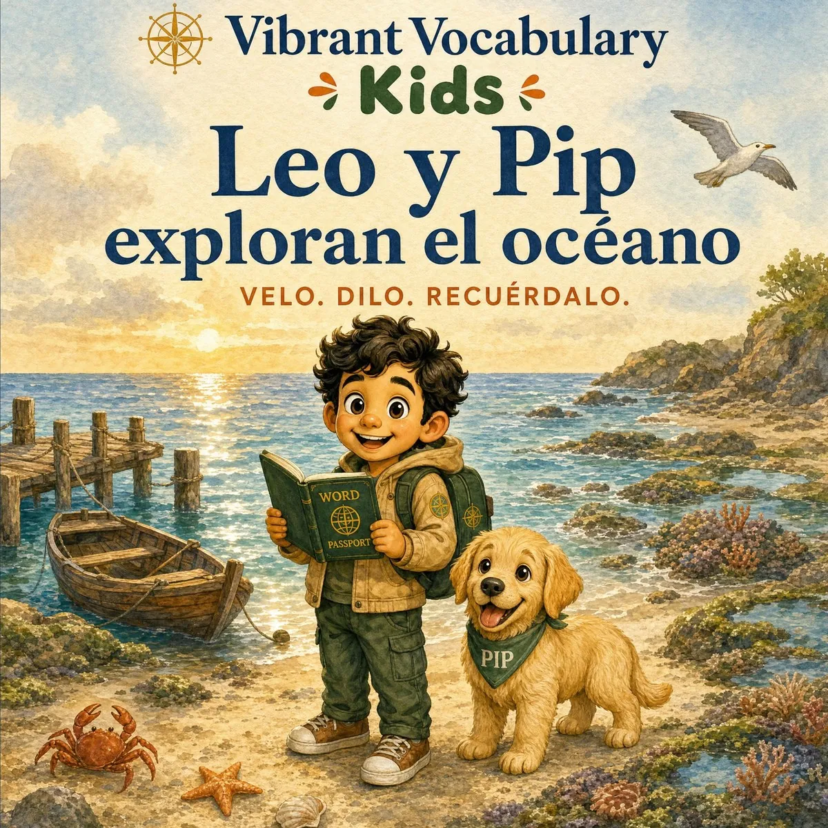 Portada de Leo y Pip exploran el océano — Leo sostiene abierto su Pasaporte de Palabras junto a Pip en una costa rocosa, con un muelle y un bote detrás.