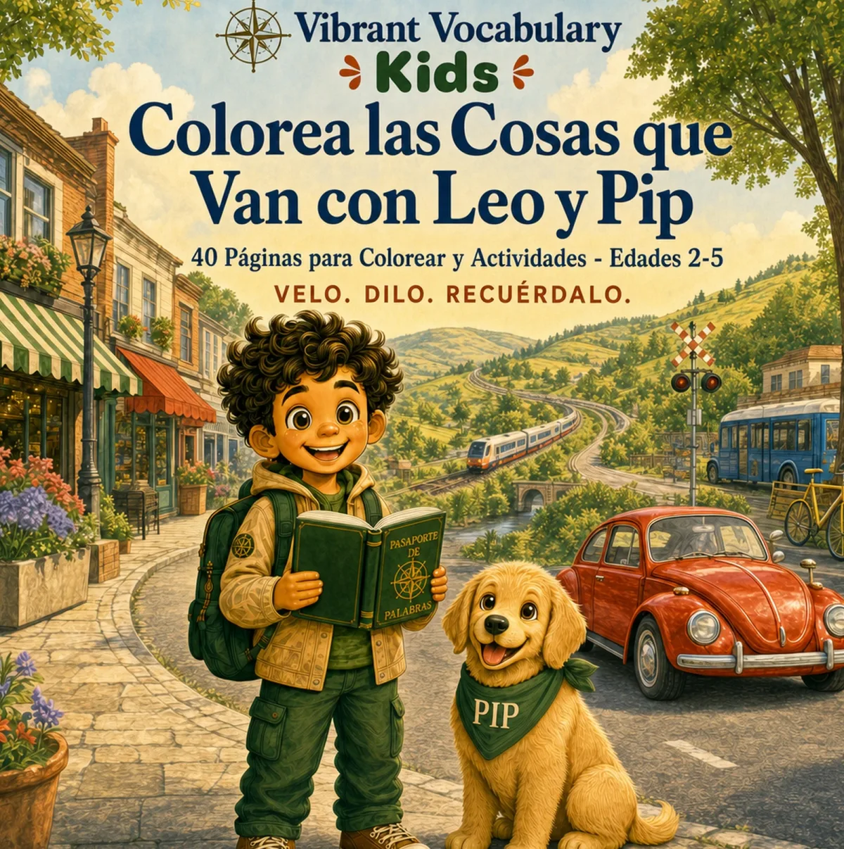 Portada de Colorea las Cosas que Van con Leo y Pip — Leo y Pip en una calle del pueblo con un coche rojo, un tren y un autobús.