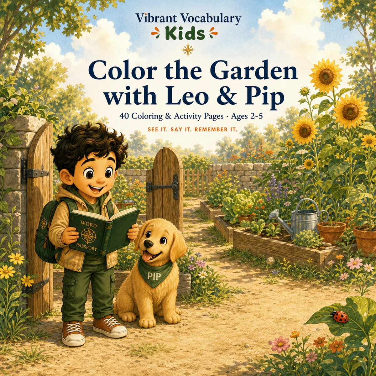 Cover of Color the Garden with Leo & Pip — Leo and Pip at a garden gate with sunflowers, a watering can and a ladybug.