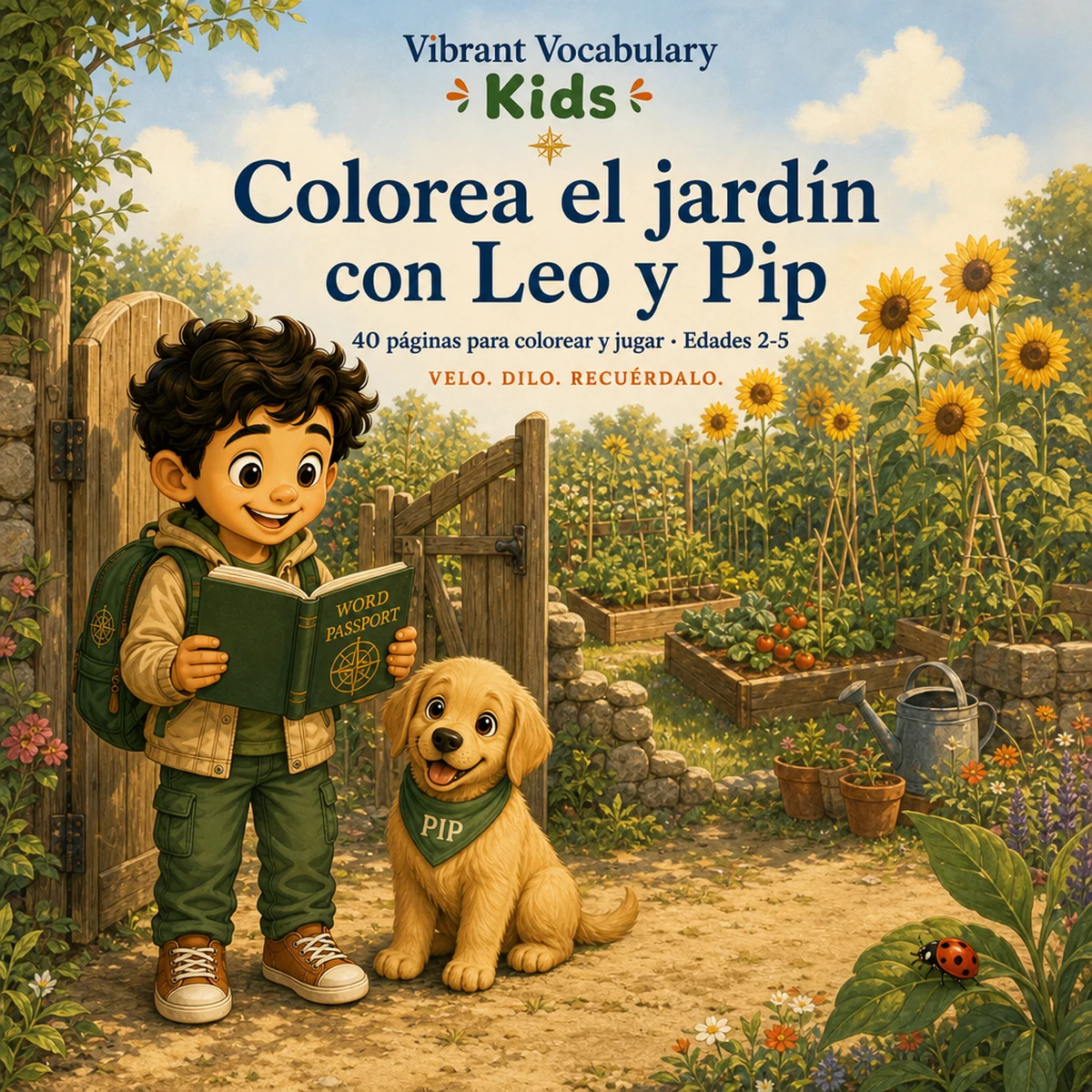 Portada de Colorea el jardín con Leo y Pip — Leo y Pip en la puerta del jardín con girasoles, una regadera y una mariquita.