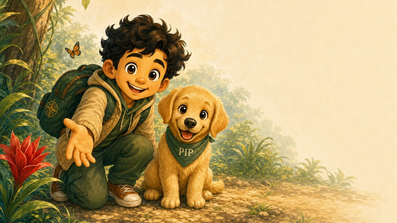 Leo and his puppy Pip stand where the path forks three ways — into the jungle, down to the ocean, and onward into the morning mist.