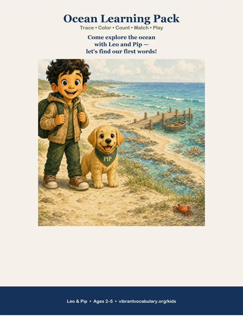 Cover of the Ocean Learning Pack — Leo and Pip on the shore.